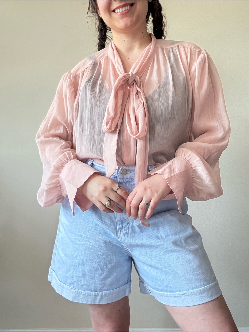 NWT Old Navy Pink Tie-Neck Long-Sleeve Blouse - Picture 2 of 9
